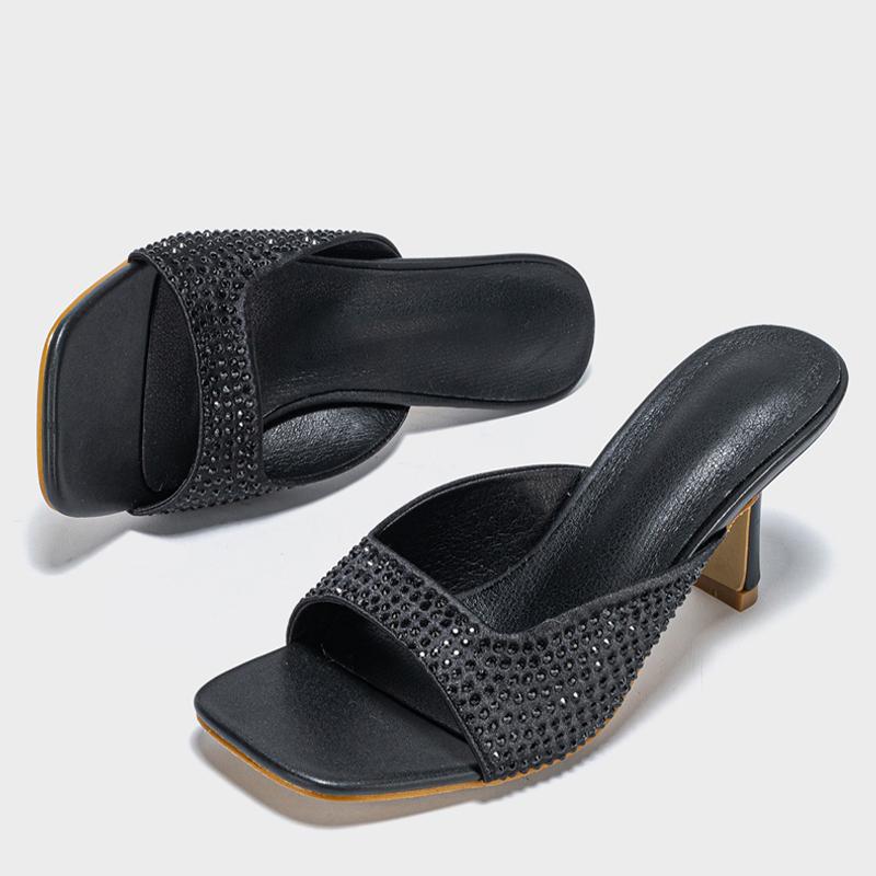 Eilyken КРИСТАЛЛ Бриллиант Квадратный Носок Женские Шлепанцы 2025 Лето Открытый Носок Низкий Каблук Вечеринка Платье Слайд Обувь