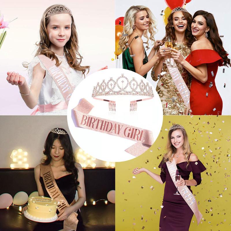 Корона из розового золота на день рождения, пояс со стразами, женские тиары для королевы, подарки на день рождения, атрибутика для вечеринок для женщин, украшения на день рождения