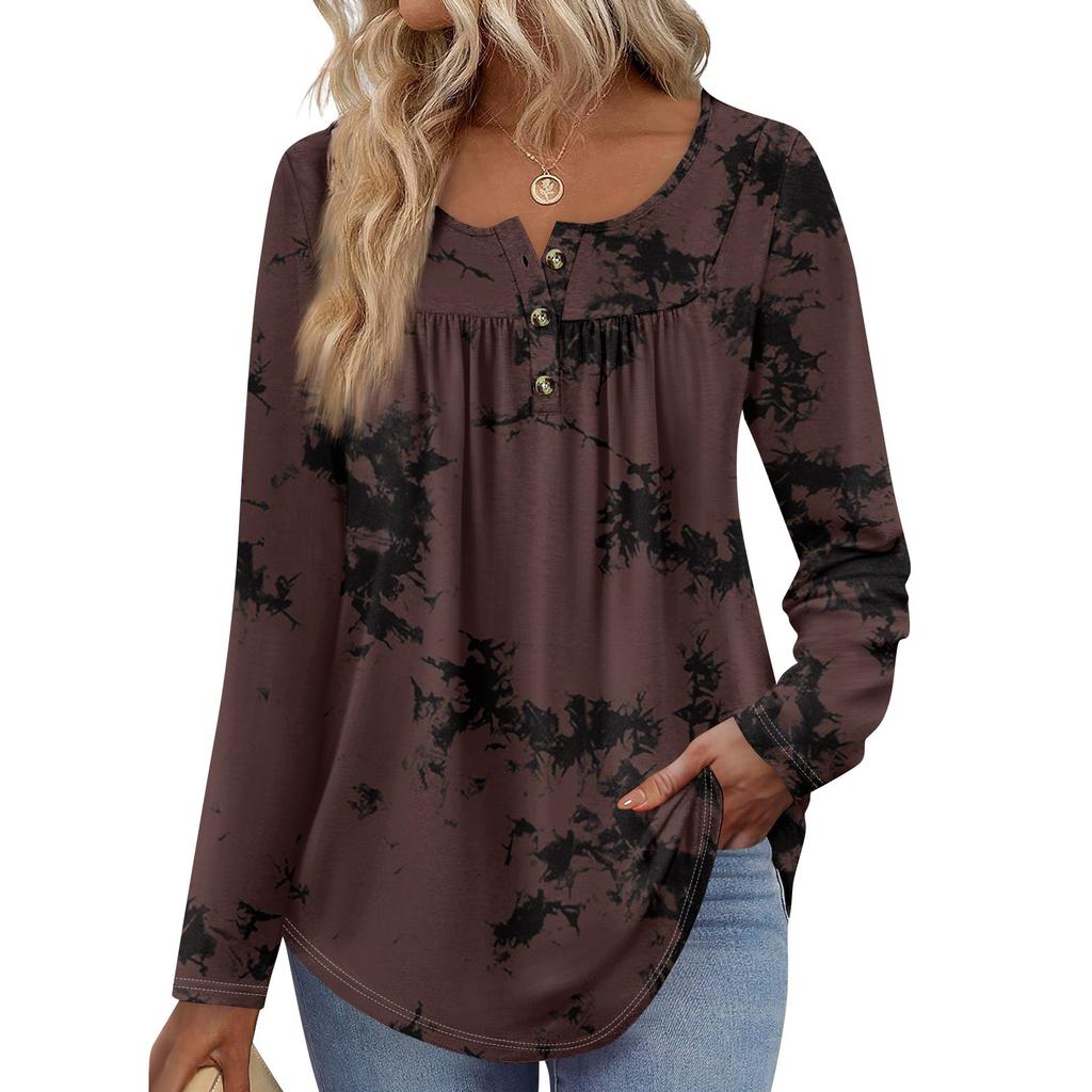 Женская туника с длинным рукавом, свободные топы, повседневные топы оверсайз, плиссированная туника, застегивающаяся на пуговицы, повседневные женские топы с принтом