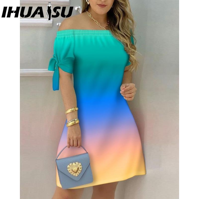 IHUASU Женское модное платье с открытыми плечами, короткие рукава, принт с бантом, летние пляжные платья больших размеров