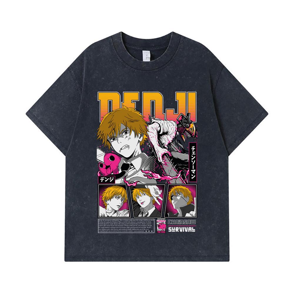 275 GSM Washed T-shirts 100% Cotton Chainsaw Man V35 Denji Pochita Print Unisex Heavy Cotton T Shirt