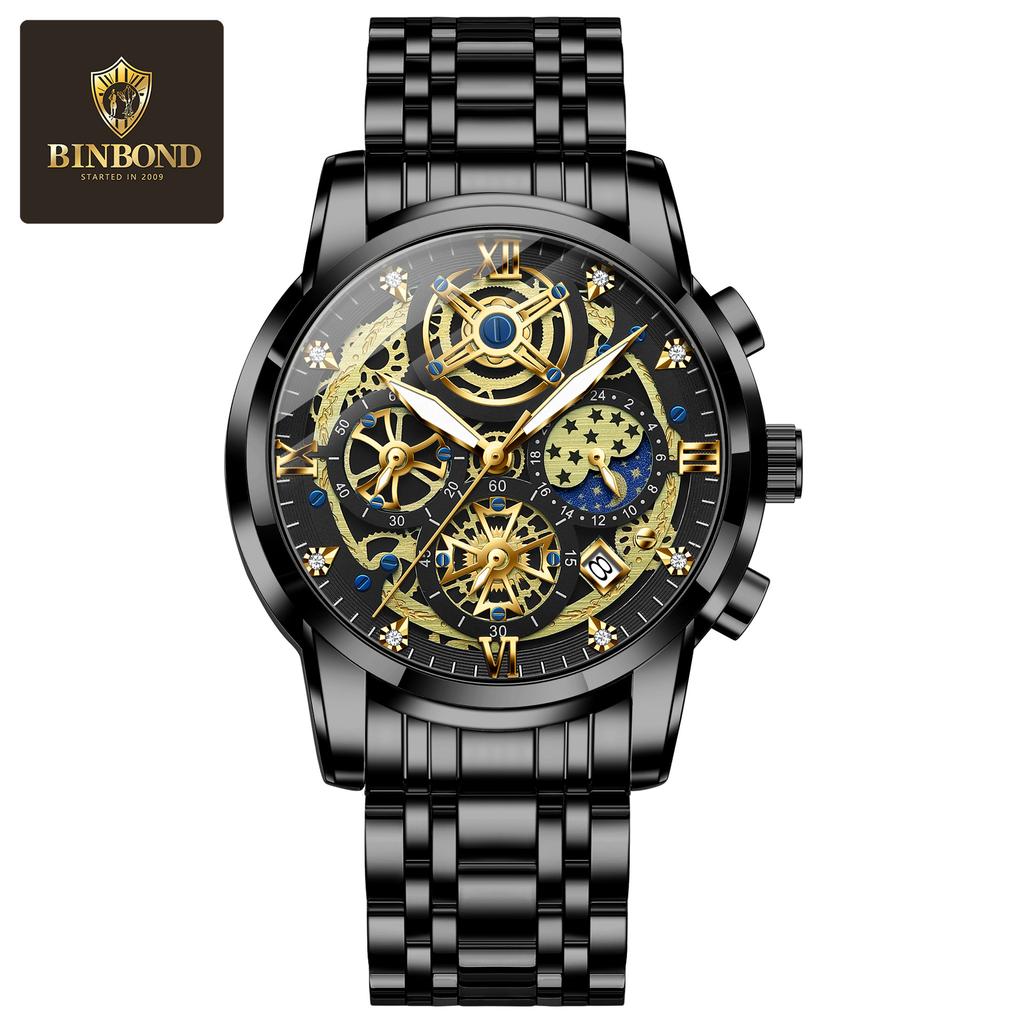 BINBOND Luxury Man Watch Waterproof Luminous Chronograph Date Men Watch Stainless Steel Quartz Men's Watches