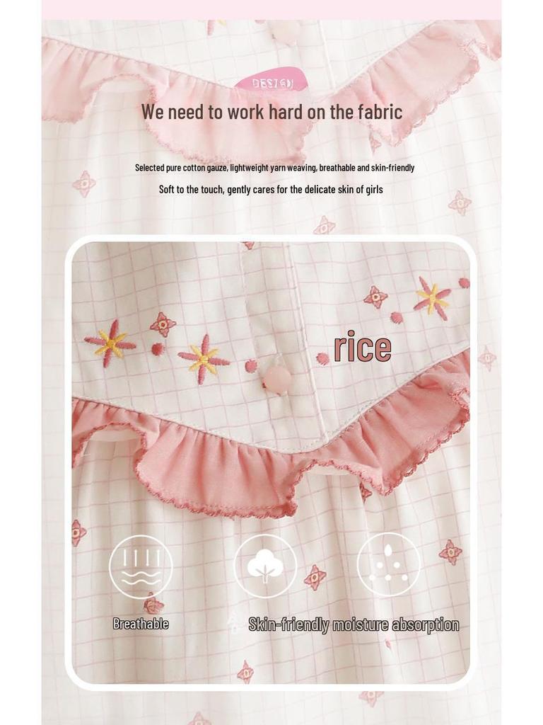 Женская летняя пижама из чистого хлопка 2023 года с марлей и свободными рукавами с завязками на пять точек