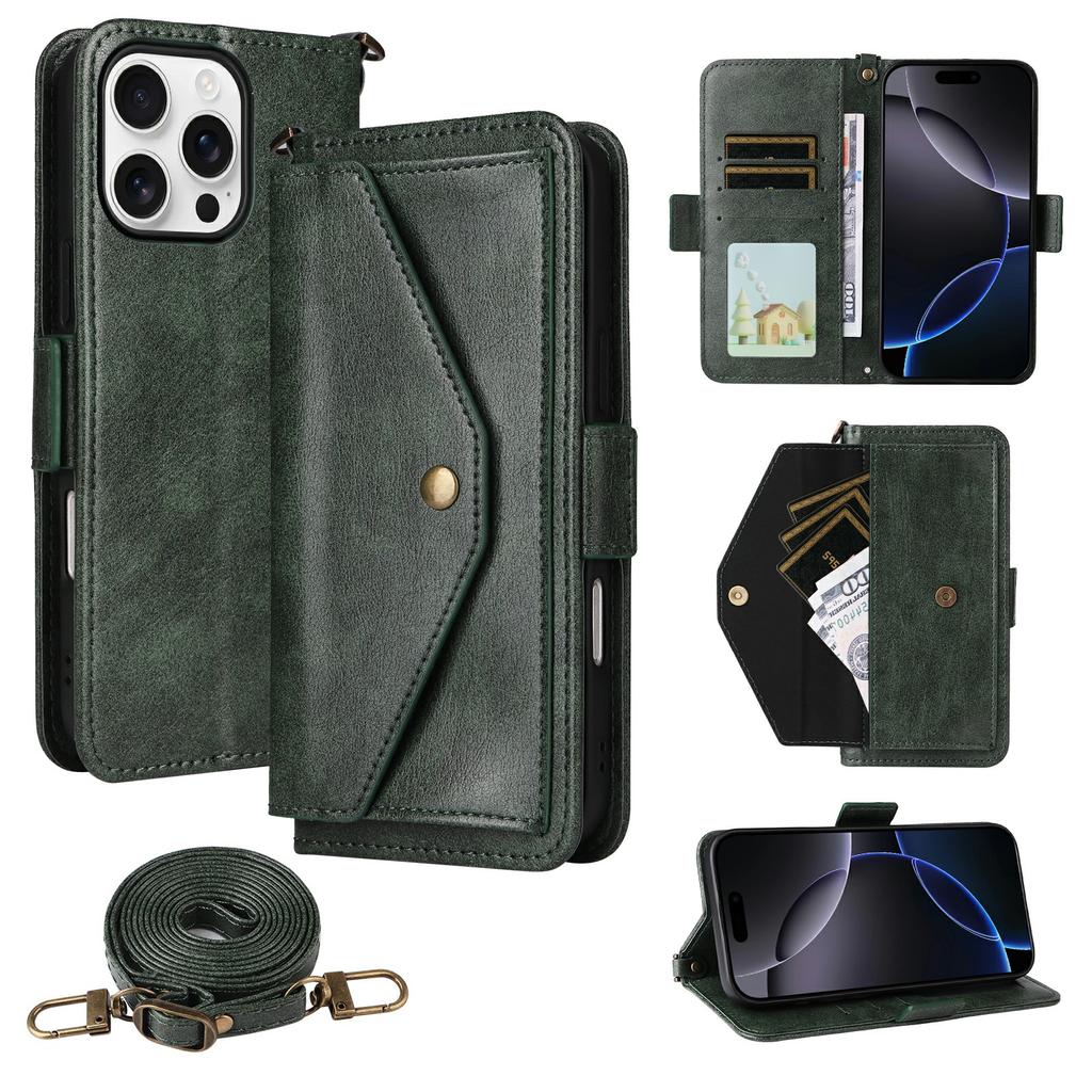 For iPhone 16 Pro Leather Case Magnetic Closure Wallet Stand Phone Cover with Crossbody Strap