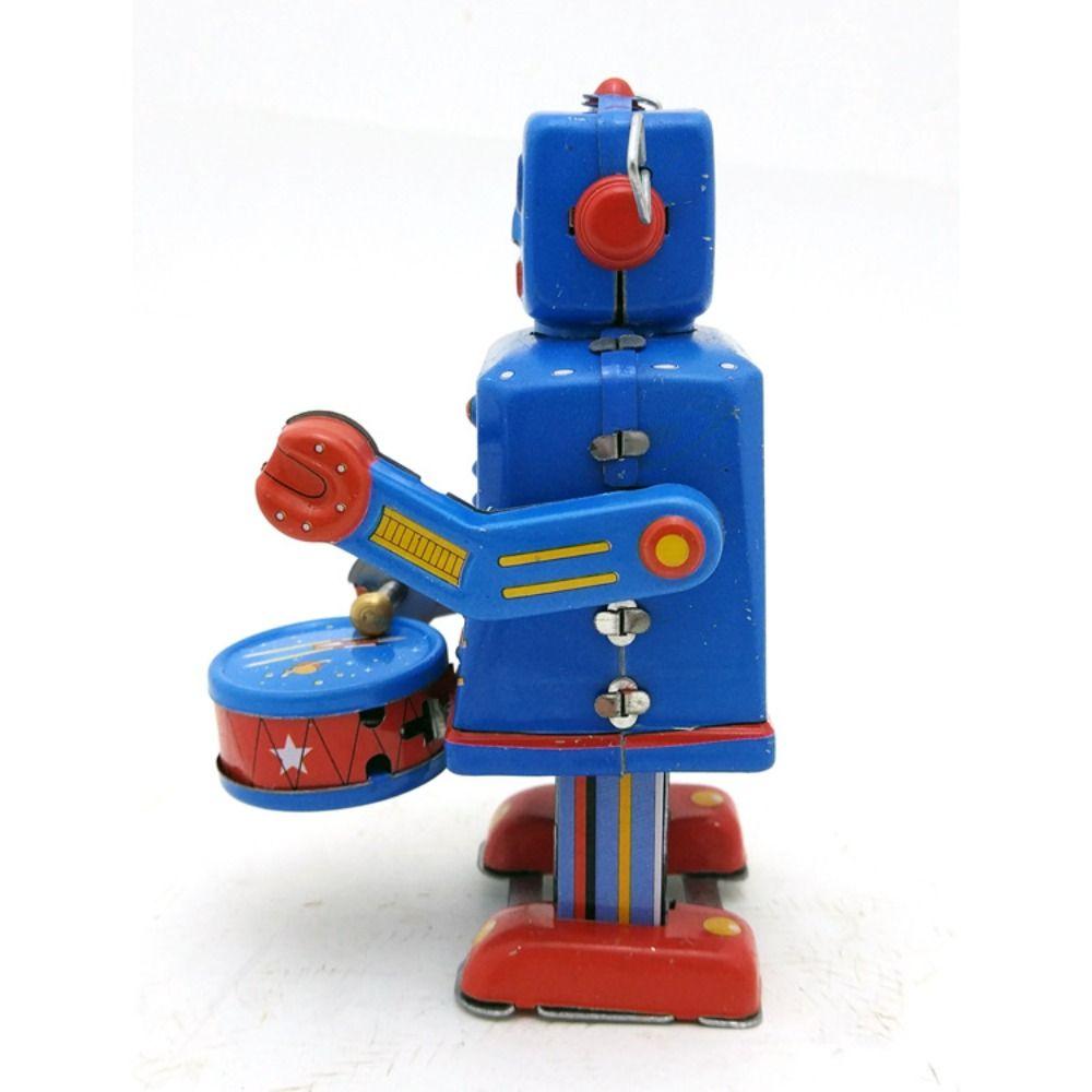 Drumming Robot Clockwork Walking Toy Iron Metal Vintage Mechanical Clockwork  Collection