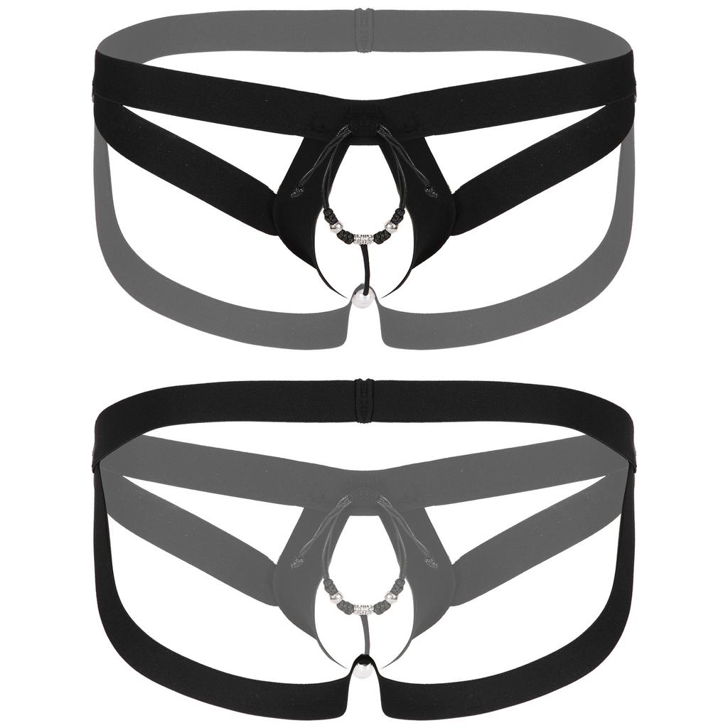 Men Crotchless Strappy Thongs O-ring Bead Decor G-string Low Rise Elastic Waistband for Honeymoon