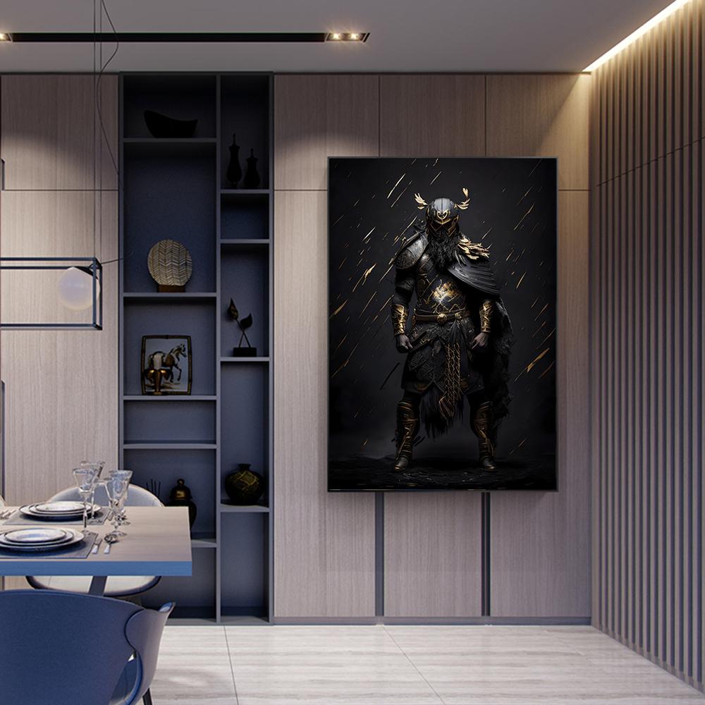 Черный и золотой самурай, средневековый воин в доспехах, фигурка, холст, настенные художественные картины, напечатанные современные классические ретро-роскошные художественные плакаты, украшения для дома