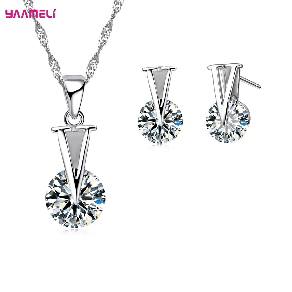 Women Bridal Jewelry Sets 5A Cubic Zircon Crystal Stone Pendant Necklace Earrings for Wedding