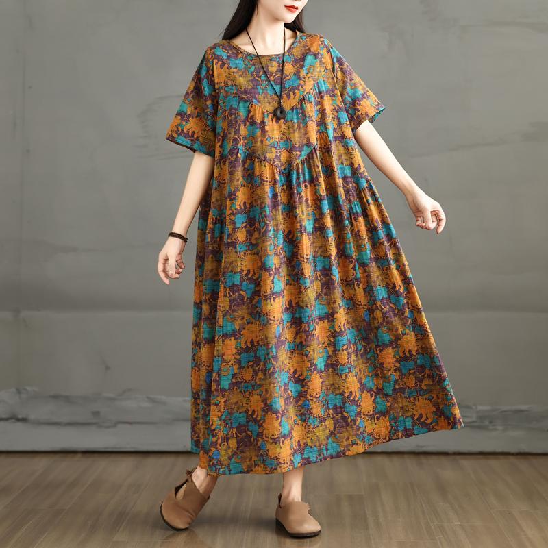 DIMANAF 2025 Summer Women Plus Size Dress Floral Dress Linen Basic Casual Elegant Loose Vintage Dress Maxi