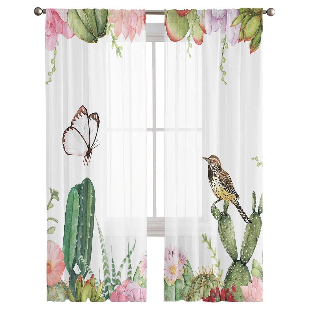 Spring Flower Bloom Butterfly Bird Tulle Curtains for Living Room Kitchen Bedroom Sheer Tulle for Cafe Hotel Modern Home Decor