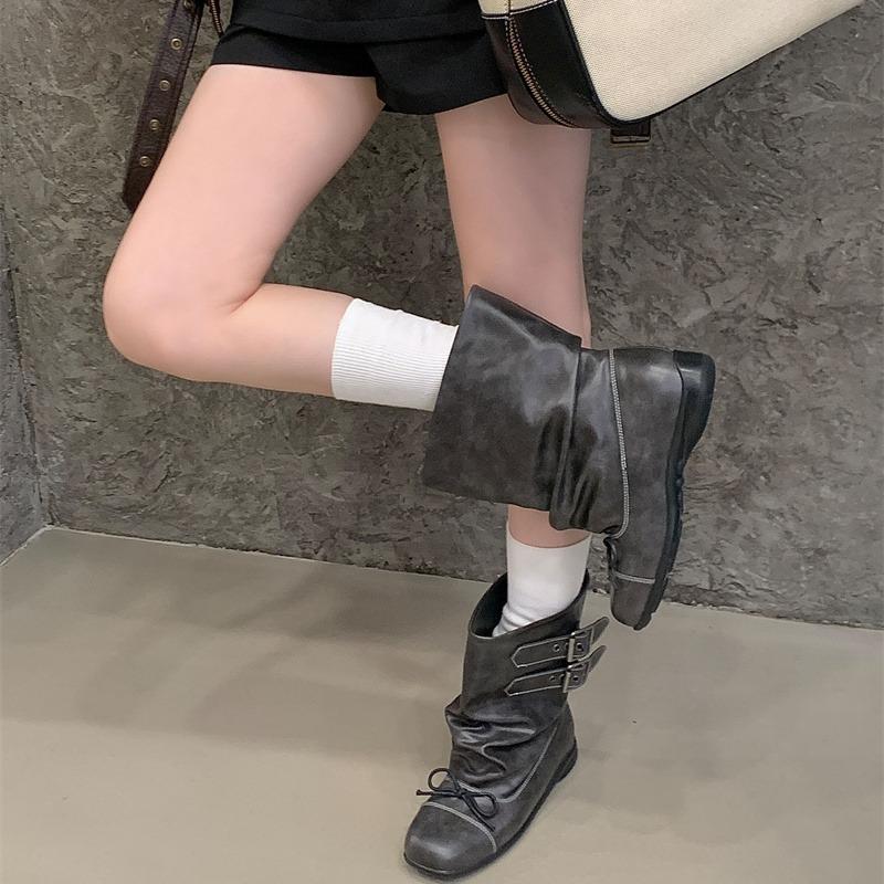 Новые короткие ботинки с бантом, женские балетки в стиле ретро, старые короткие голенища, плиссированные черные ботинки, женские оригинальные