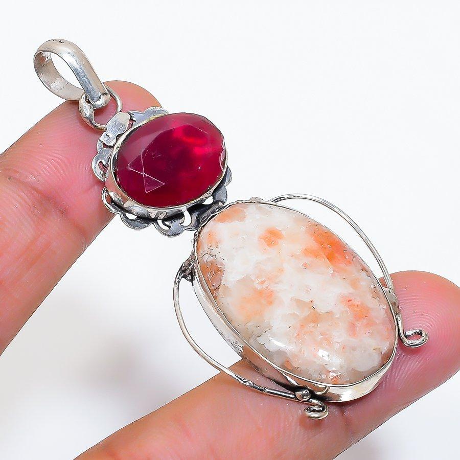 Natural Sunstone, Jade Gemstone 925 Sterling Silver Jewelry Pendant 2.56" ZS-89