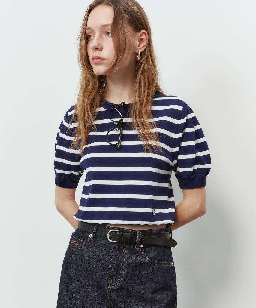 PLAC WOMEN Striped Puff Sleeve Knit Top Navy
