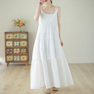 Платье из хлопка с бретелью через шею женское летнее свободное без рукавов большого размера для отдыха на море длинная льняная юбка