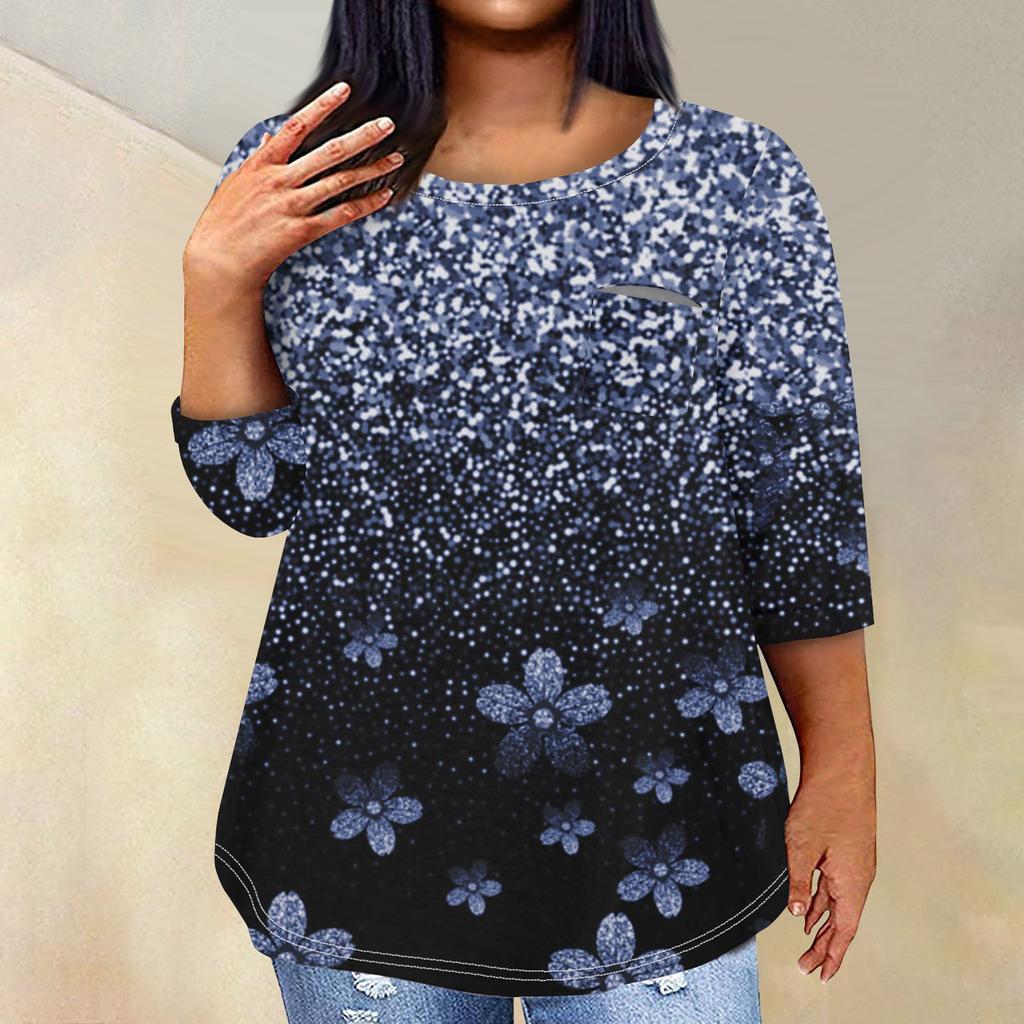 Женский модный повседневный пуловер с круглым вырезом и рукавом три четверти с принтом, топ с рукавами 4/3