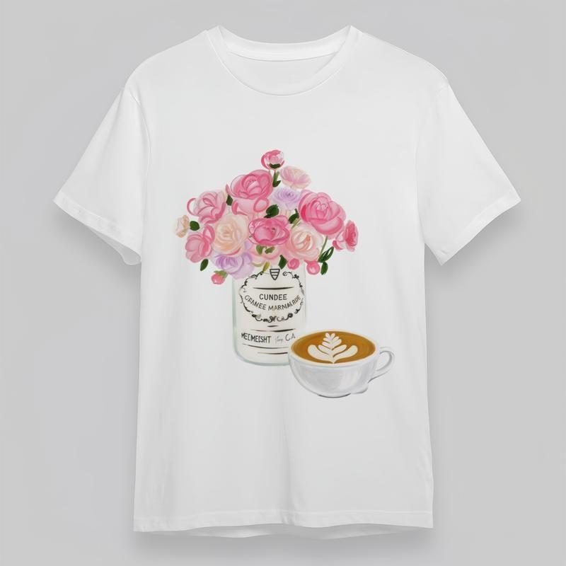 Women's Plus Size T-Shirt Mens Womens Tees Top Floral Vase With Pink Flowers Coffee Art Graphic Tee