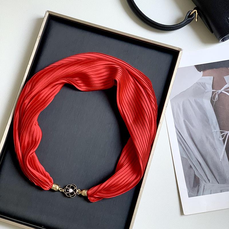 Новый монохромный магнитный шелковый шарф-ожерелье для женщин, плиссированный летний солнцезащитный головной платок, декоративный шарф