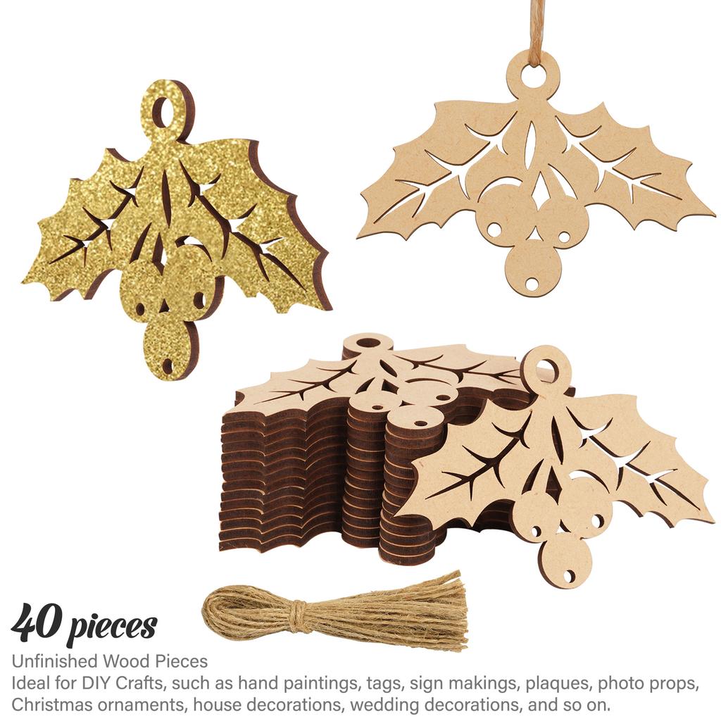 Inkdotpot 40 шт. Деревянное украшение в виде омелы с отверстиями 3,5 дюйма, необработанные предварительно просверленные натуральные деревянные рождественские украшения, подвесные веревки