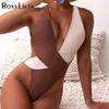 Splicing Deep V Neck Cross Back One Piece Swimsuit Women Swimwear Female Monokini Scrunch Butt Bather Bathing Suit Swim