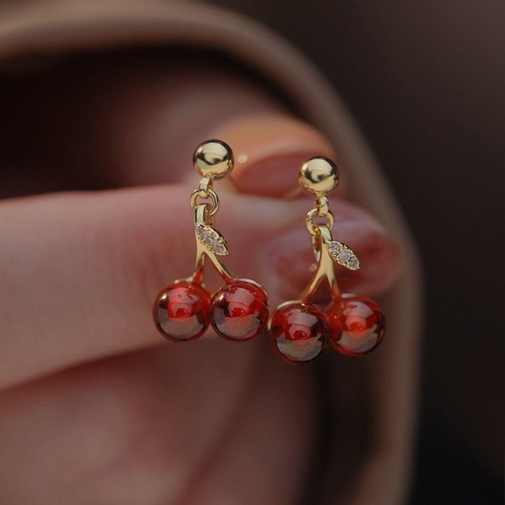 Серьги-гвоздики с сладкими фруктами и вишней, серьги-подвески с листьями растений и красной вишней, ювелирные изделия в подарок