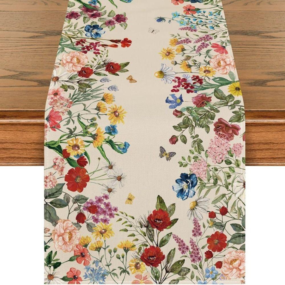 Vintage Linen Table Runner Flower Printed Tablecloth Home Decoration Table Cover  Table Decor