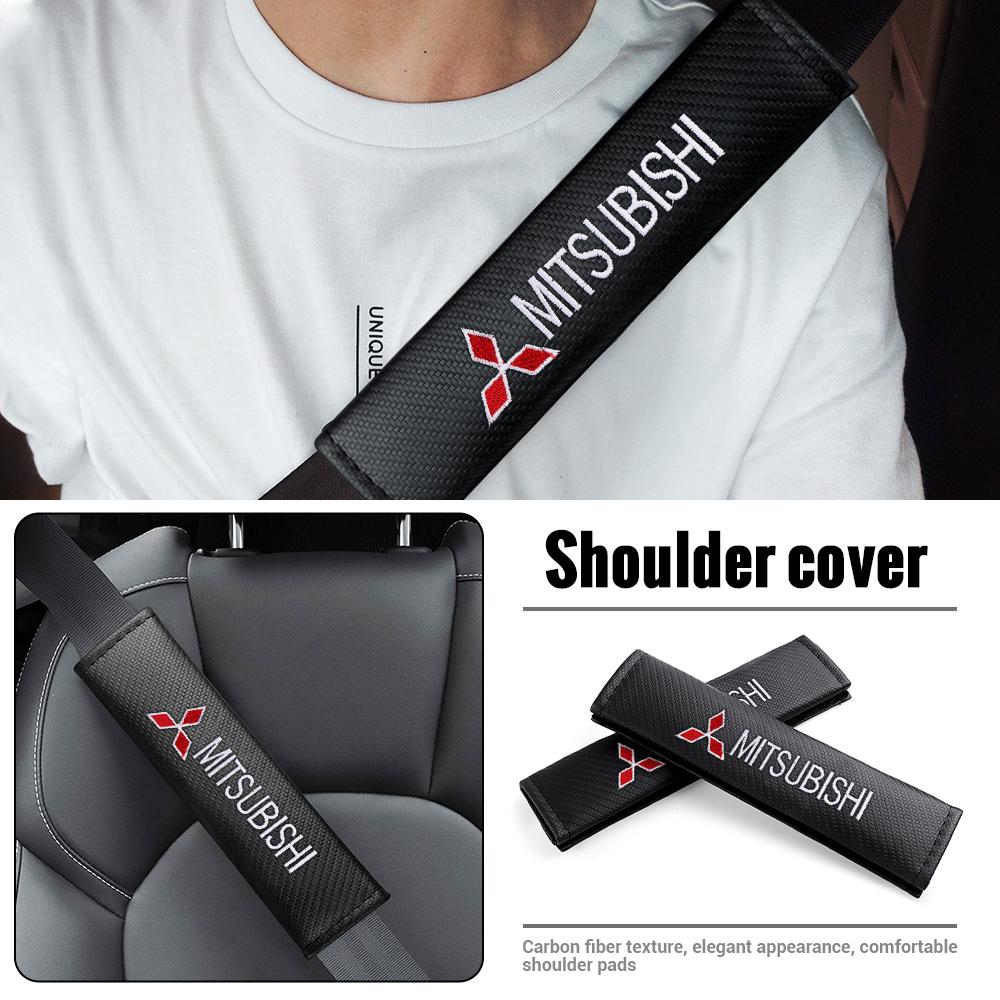 lqjn6 1/2Pcs Mitsubishi Logo Leather Seat Belt Shoulder Cover Protection Pads For X EX L200 Colt Outlander Pajero Lancer Eclipse Cross