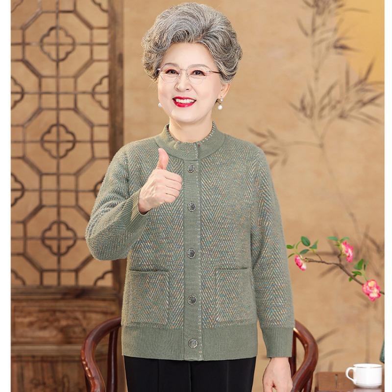 Средний Пожилой Свободный Повседневный Джемпер с Круглым Вырезом Куртка Бабушкин Свитер Кардиган Мамин Вязаный Свитер Одежда для Пожилой Женщины Женская