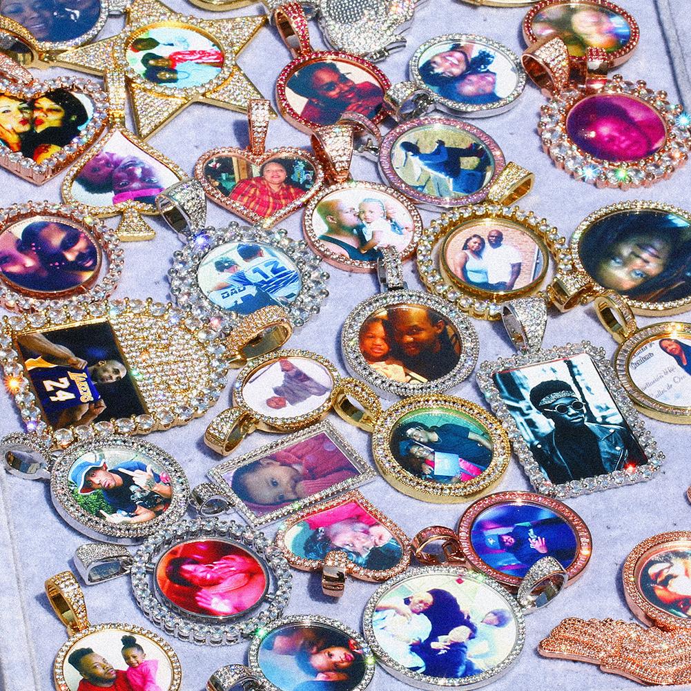 Fashion Memory Jewelry Gold Plated Hip Hop Picture Necklace Iced Out Jewelry Men Women Sublimation Blanks Custom Photo Pendant
