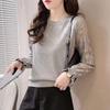 Весна и осень французский кружевной сращивание длинный рукав основа вязаный свитер женский тонкий стиль темперамент круглый вырез свитер топ
