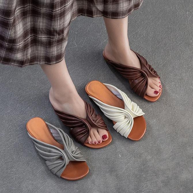 Johnature Peep Toe Bohemian Style Slippers Retro Lazy Style Genuine Leather Low Heel Women's Shoes