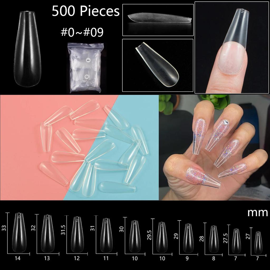 500PCS Natural Transparent Ballerina Almond Round End Full/Half Ballet Coffin French False Nail Tips Fake Toenail Tip Manicure