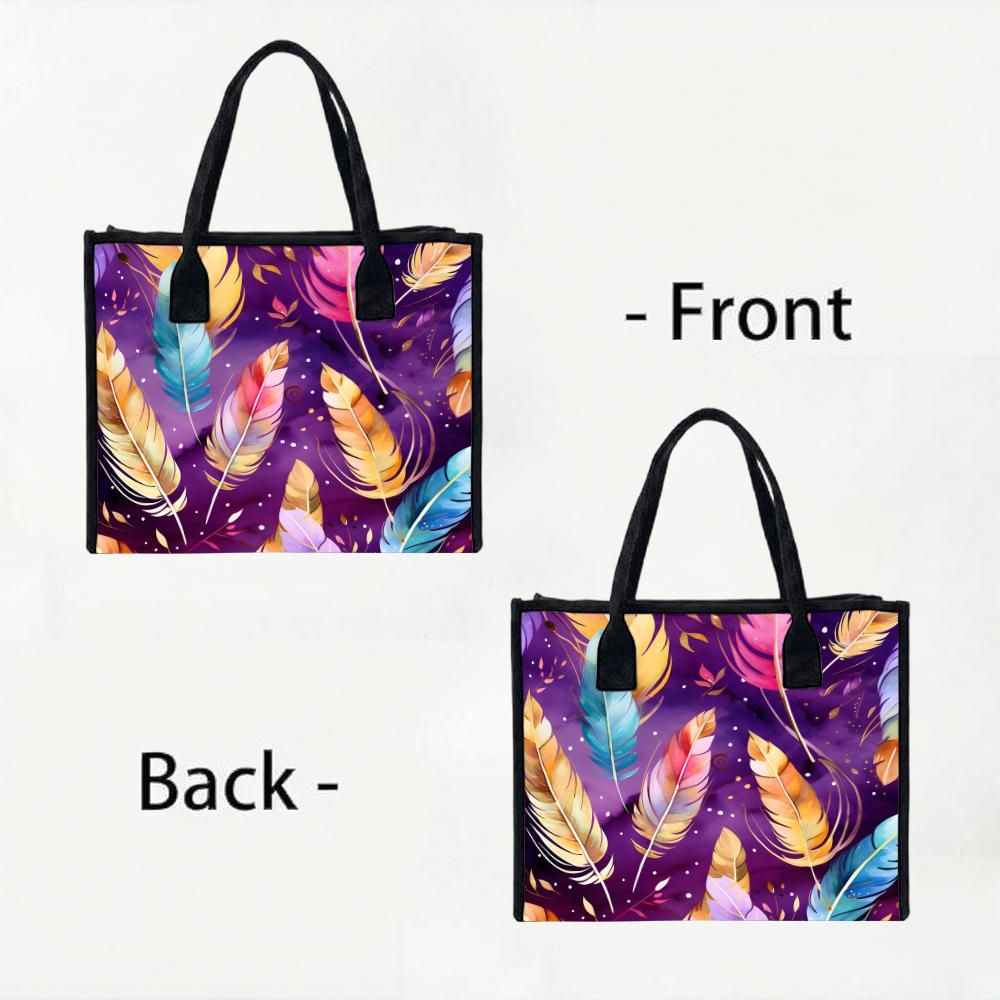 Boho Feather Print Tote Bag Large Capacity Casual Shoulder Bag for Daily Shopping Travel Portable Lightweight Handbag
