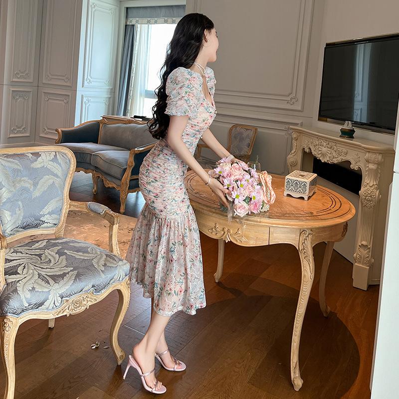 GMXIA Летнее женское нежное стильное платье с объемными рукавами на талии и цветочным принтом «рыбий хвост»