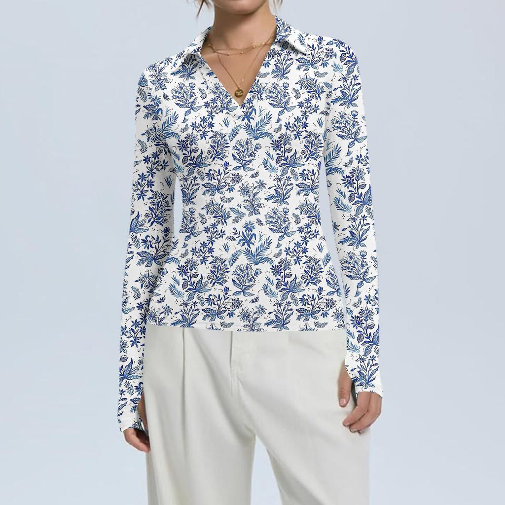 Женская Мода Повседневный Принт V-образный Вырез Длинный Рукав Застежка на Пуговицы Топ