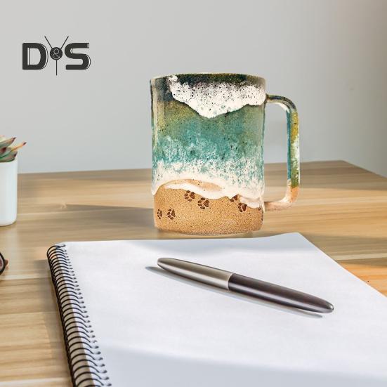 Paw Print Ocean Shoreline Mug Ceramic Coffee Cup Handmade Waves Pattern Tea Mug 11oz/15oz Sea Foam Claw Drinking Mug Beach Souvenir Gift