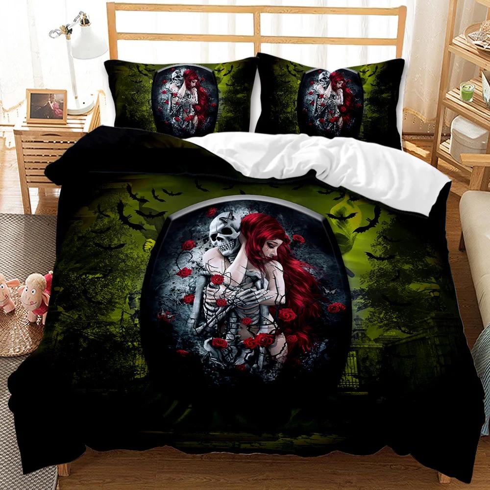 Комплект постельного белья с черепом Queen 3D Skeleton Floral Skull Pattern Printed Beds Qulit Cover Gothic Microfiber Beds Queen Size