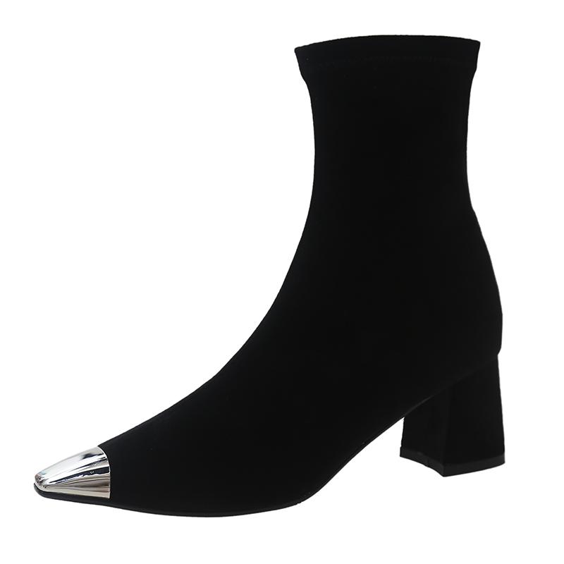 Модные Модные Металлические Квадратные Носки Толстые Каблуки Сапоги Женские Элегантные Ботильоны Челси Ботильоны Женские Эластичные Женские Зимние Туфли Muje