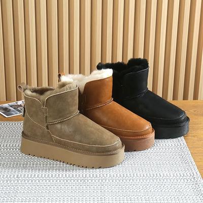 Зимние новые ботинки 2024 года, женские меховые, короткие, на толстой подошве, с шерстяной утолщенной водонепроницаемой хлопковой обувью
