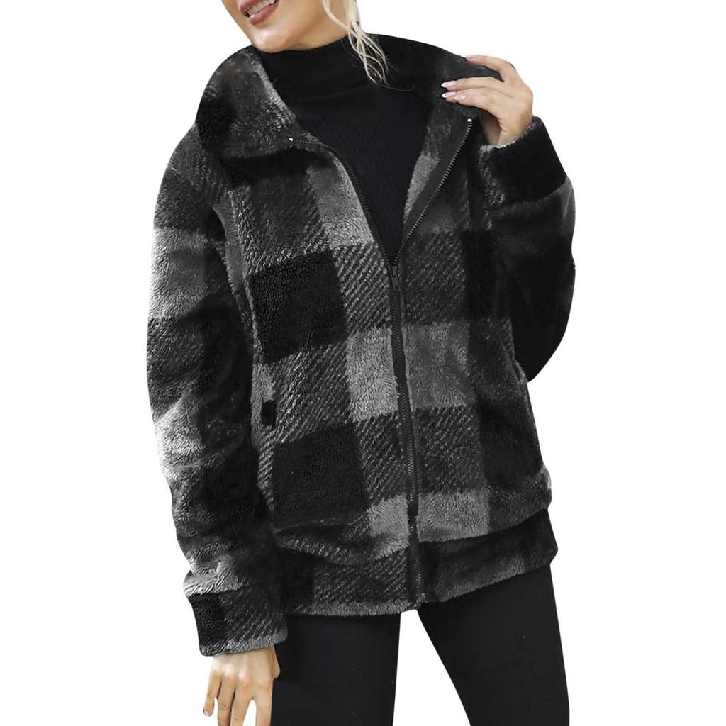 Женская повседневная клетчатая куртка средней длины с двухсторонним плюшем на молнии с длинными рукавами