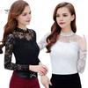 Women Bottoming Tops Stand Collar Long Sleeve Embroidery Lace Floral Pattern Pullover Tops Solid Color Slim Fit Mesh Yarn Tops