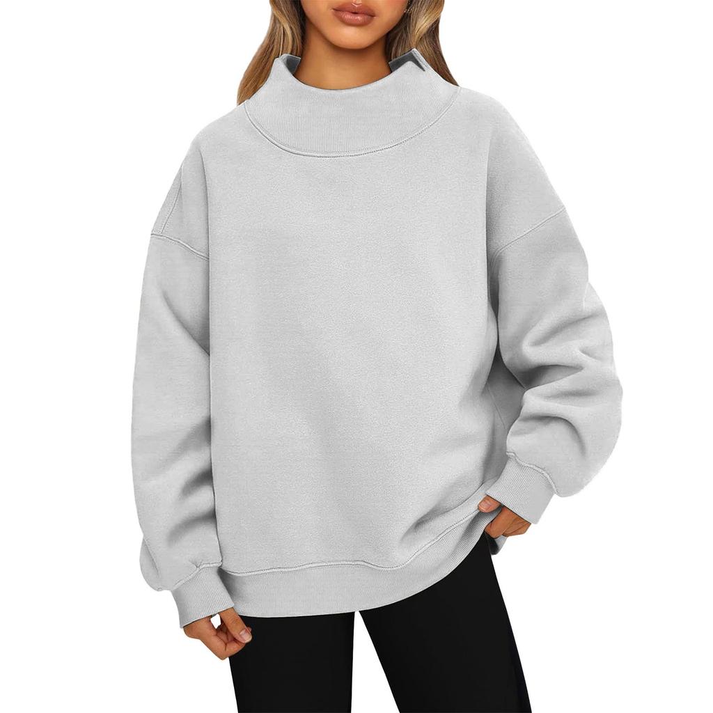 Ladies' Fashionable Loose High Neck Long Sleeved Solid Color Hoodie Top Pullover