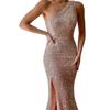 Женское вечернее платье с косым вырезом на одно плечо, без рукавов, с пайетками, с разрезом по низу, облегающее