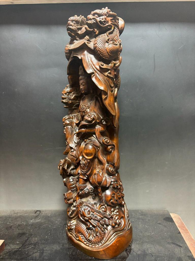 Kwan Yin Dragon Wooden Figurine Carved Home Decor Buddha Guanyin Statue Large