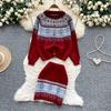 Autumn Winter Women Vintage Jacquard Knitted Sweater Two Piece Set Single Breasted Cardigans Tops and Mini Short Sheath Skirt Suit