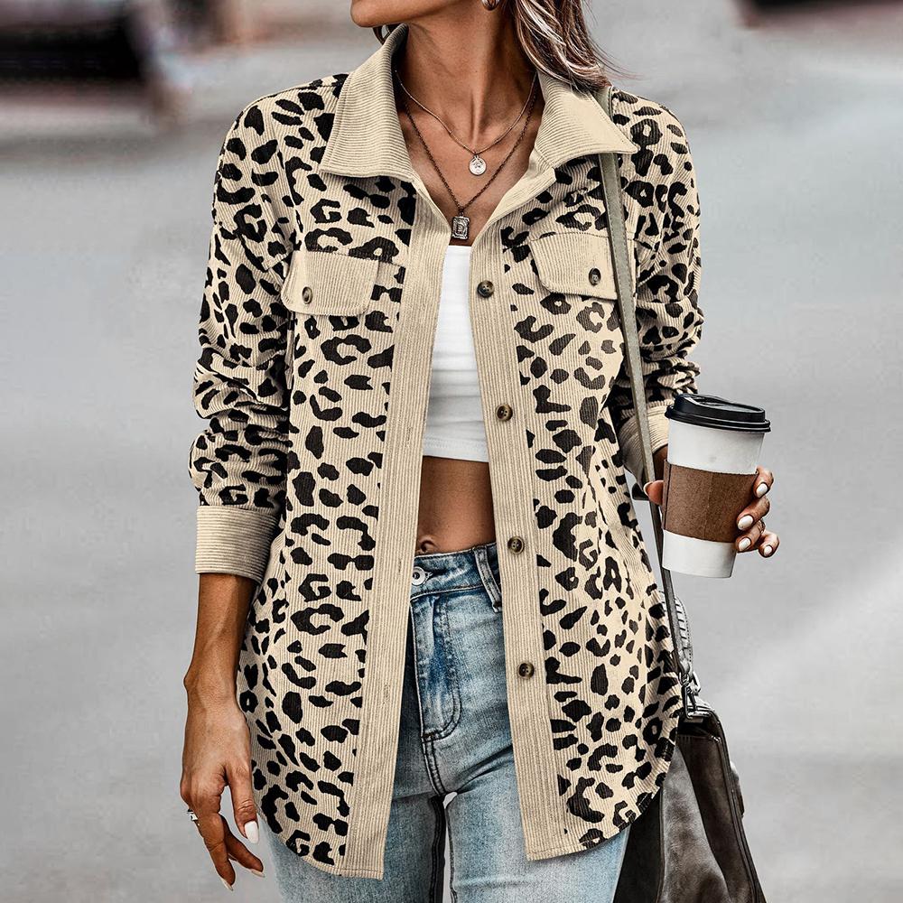 Spring and Autumn Leopard Jacket Women Corduroy Jacket Coat Women Overshirt Long Sleeve Loose Shirt Jackets for Women