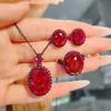 Imitation Red Corundum Necklace Stud Earrings Set, Dark Black Gold Opening Adjustable Ring For Women