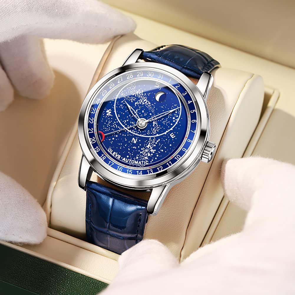 OLEVS Мужские крутые автоматические часы «Звездное небо» с роскошным кожаным ремешком, скелетонизированный дизайн, водонепроницаемые, синие…