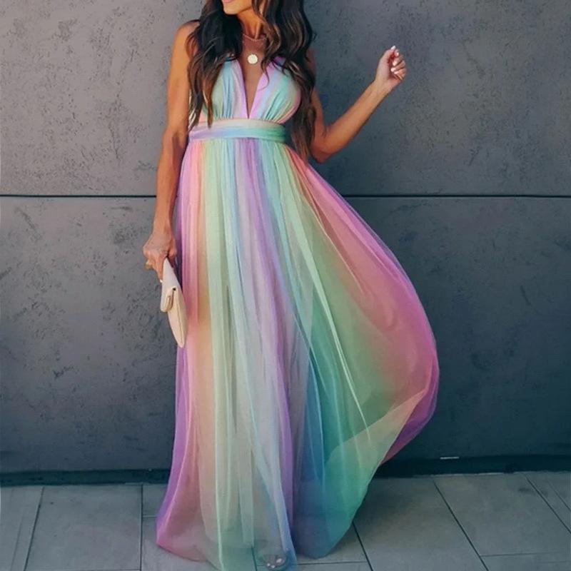 2025 Весна/Лето Европейское и Американское Женское Сексуальное Платье с Глубоким V-образным Вырезом из Радужного Шифона