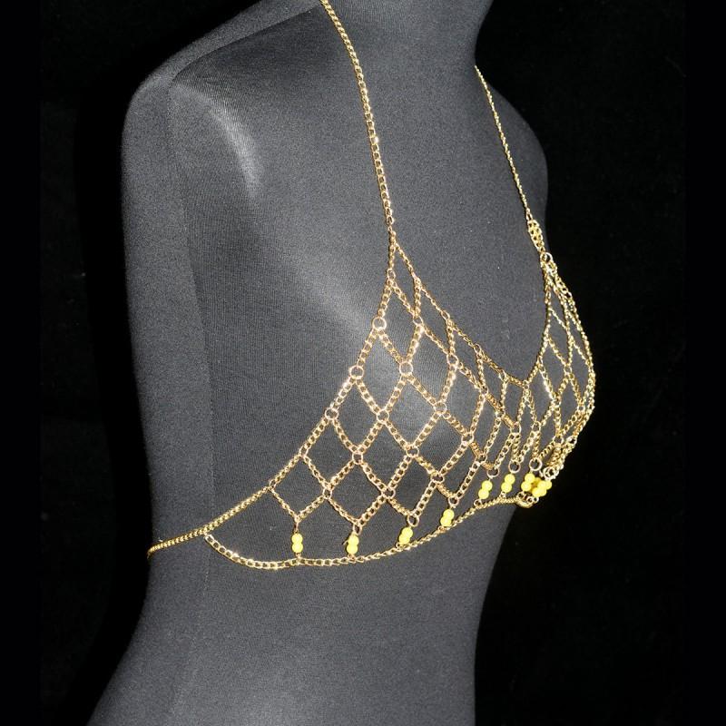 Metal Mesh Body Chain Women Geometric Beaded Chest Alloy Electroplated Stylish Club Streetwear Accessory