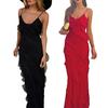 Backless Sleeveless Spaghett Strap Split Hem Patchwork Slim Fit Floor Length Solid Color Cocktail Prom Party Maxi Dress Strappy Dress